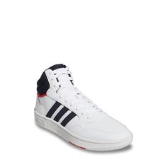 Prove your mettle on the court with these men's Adidas Hoops 3. 0 Mid white/red/legend ink basketball shoes. Crafted out of mixed materials, these mid-cut athletic sneakers also include round toe, lace-up closure, padded collar and tongue, signature brand stripes at the sides, signature brand print at the heel counter, perforations at the front and sides for air circulation, and durable outsole. | Adidas Men's Hoops 3. 0 Mid Basketball Shoe in Footwear White/Legend Ink/Vivid Red Size 8 Medium High-top Basketball Shoes With Laces For Sports, Fade-resistant Synthetic High-top Sneakers, Mid-top Basketball Shoes With Boost Midsole, Synthetic Mid-top Basketball Shoes With Laces, Synthetic Mid-top Basketball Shoes For Sports Events, Adidas Logo Basketball Shoes With Round Toe, Adidas High-top Basketball Shoes, High-top Synthetic Basketball Shoes, Collegiate High-top Basketball Shoes With Boost Midsole