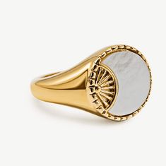 Mezzaluna Signet Ring is crafted in titanium steel with 18 karat gold finish with a crescent moon shaped mother of pearl inlay. Elegant White Crescent Rings, Elegant Gold Rings With Sun And Moon Design, Mother Of Pearl Inlay, Pearl Inlay, Gold Signet Ring, Stylish Rings, Resin Ring, Moon Shapes, Amethyst Purple