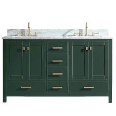 a double sink vanity with marble top and two brass faucets on each side