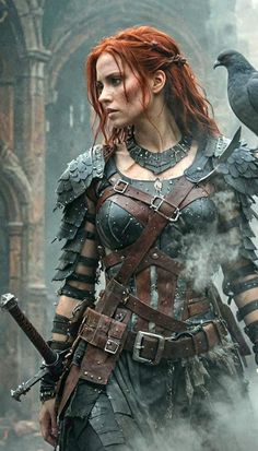 a woman with red hair wearing armor and holding a bird on her shoulder, standing in front of an old building