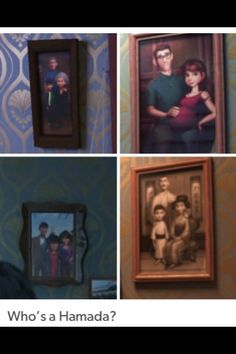 four pictures of people hanging on the wall in different styles and sizes, each with an individual's family portrait