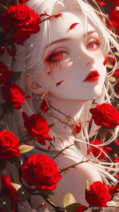 a woman with white hair and red eyes surrounded by roses