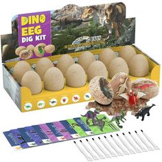 the dinosaur egg kit includes eggs, dinosaurs and other toy items to make it look like they're eating