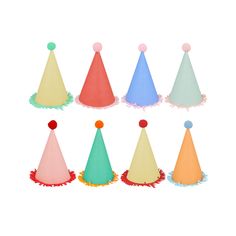 six party hats with pom poms on each one side and two different colors