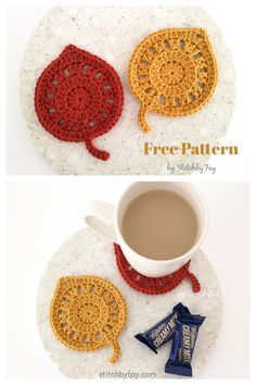 crocheted coasters with coffee and candy on them