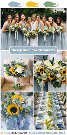 sunflower wedding bouquets and bridesmaid's bouquets in shades of blue, yellow and white