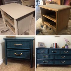 four different pictures of blue dressers with gold handles and drawers on each one side