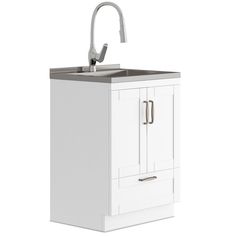 a white cabinet with a sink and faucet on it's side, in front of a white background