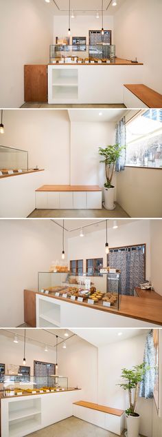 three pictures of the inside of a building with shelves and plants in them, including bookshelves