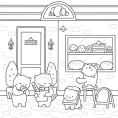 three bears are standing in front of a store with two cats and one bear is eating