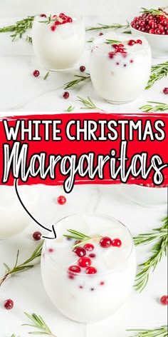 white christmas margaritas with cranberries and rosemary garnish on the side