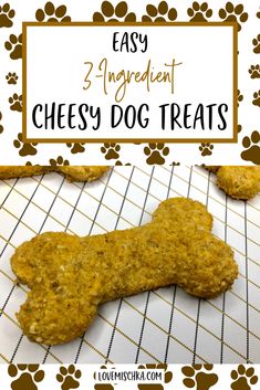 homemade cheesy dog treats on a cooling rack with paw prints and text overlay that reads easy 3 ingredient cheesy dog treats