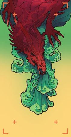 a drawing of a red dragon on top of blue and green water with waves around it