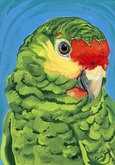 a painting of a green parrot with yellow and red feathers