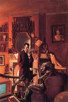 a painting of a man standing in a living room with a cat on the floor