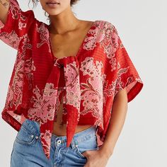 Nwt Free People Jilly Tie Front Top Color: Love Combo White Crochet Blouse, Sweetheart Neckline Top, Boho Tunic Tops, Tie Front Top, Lace Top Long Sleeve, Festival Tops, Free People Denim, Long Sleeve Knit Tops, Front Tie Top