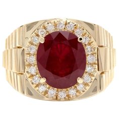 10.70 Carats Natural Diamond & Ruby 14K Solid Yellow Gold Men's Ring Amazing looking piece! Total Natural Round Cut Diamonds Weight: Approx. 0.70 Carats (color G-H / Clarity SI1-SI2) Total Natural Ruby Weight is: Approx. 10.00ct Ruby Measures: Approx. 13.00 x 10.00mm Ruby Treatment : Filling Ring Weights: 13.00 grams Disclaimer: all weights, measurements and colors are approximate and may vary slightly from the listed dimensions or as seen in the image. All pictures are magnified to show the sma Yellow Gold Mens Rings, July Birthstone Ring, Natural Ruby Ring, India Jewelry, Gold Plated Rings, Ruby Gemstone, Red Ruby, Men's Ring, Ruby Ring