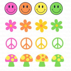 the peace sign, flowers and mushrooms are all in different colors with smiley faces on them