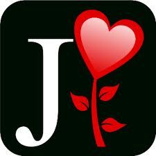 the letter j is for love with a red rose and leaves on it's side