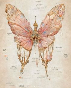 a drawing of a pink butterfly with intricate details on it's wings and body