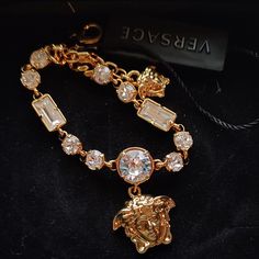 New Versace Gold Tone Bought From Versace Boutique Luxury Bracelets With Vs Clarity For Formal Events, Luxury Aaa Quality Bracelet, Versace Jewelry Necklaces, Versace Gold Bracelet, Gold Versace Necklace, Versace Bracelet, Versace Chain, Versace Jewelry, Versace Gold