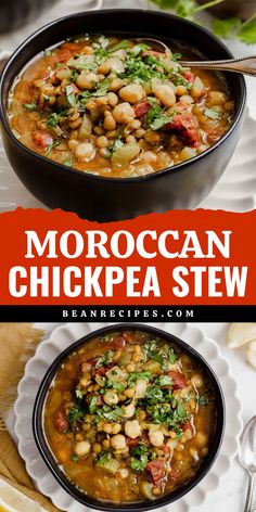 Craving cozy vibes? Try this Moroccan Chickpea Stew! This easy fall comfort food is like a warm hug in a bowl, packed with high-protein, vegan goodness and rich flavors of Harira. It's one of the best easy soup ideas—so why not spice up your night? Cook it up and enjoy! Bean Dinner, Chickpea Stew Vegan, Moroccan Chickpea Stew, Garbanzo Bean Recipes, Stew Vegan, Moroccan Chickpea