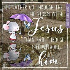 a cartoon mouse holding an umbrella with the words, i'd rather go through the storm with jesus than salt through life without him