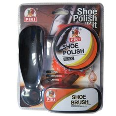 The Piki Shoe Shine Kit provides all the tools you need to give your shoes long-lasting shine and protection. It includes shoe polish to help provide your leather shoes with shine, nourishment and protection, while also giving them increased water resistance. Kit contains: 1 Tins Black Shoe Polish, 1 Shine Brush, 1 Show horn and 1 Shine Cloth. Shoe Shine Kit, Shoe Polish, Black Shoe, Shoe Shine, Shoe Repair, Black Water, Your Shoes, The Tools, Leather Care