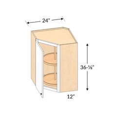 an image of a cabinet with the door open and shelves on each side, showing measurements for