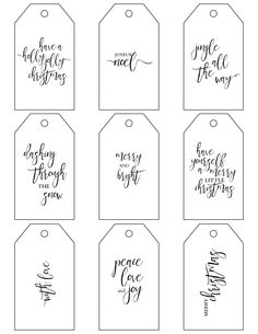 six tags with handwritten text on them