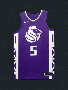 a purple basketball jersey with the number 5 on it and a white horse in the center