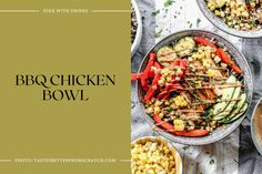 broccoli, corn and chicken bowl with text overlay