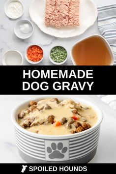 homemade dog gravy recipe in a bowl with ingredients to make it on the side