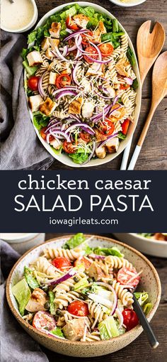 chicken caesar salad with tomatoes, onions and lettuce in a bowl on the side