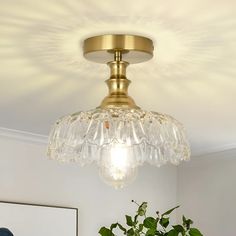 a light that is on above a potted plant in a room with white walls