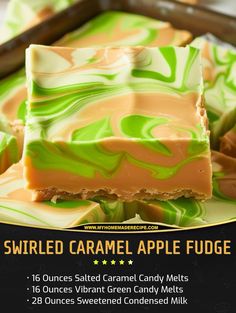 sliced caramel apple fudge on a plate with text overlay that reads, swirled caramel apple fudge