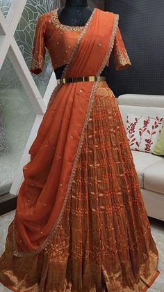 Lengha Voni Blouse Designs, Aditi Rao Hydari Half Saree, Pastel Langa Voni, Half Saree Pastel Colours, Half Saree Duppata Styles, Orange Half Saree Color Combos, Langavoni Designs, Halfsarees Designer Latest, Langavoni Half Saree