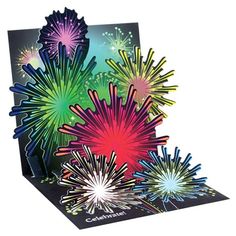 a pop up card with colorful fireworks on it's front and back sides, in black paper