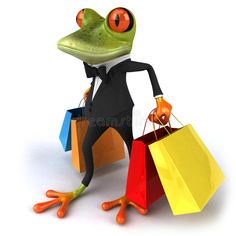 a frog in a tuxedo holding shopping bags and looking at the camera royalty illustration