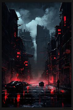 an image of a city street at night with cars driving down the road in the rain