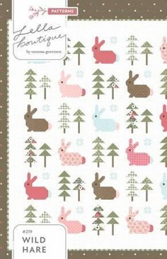 the pattern is designed to look like it has rabbits and pine trees in pink, blue,