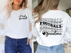 Welcome to SierraAlpineDesigns shop!  Stay warm on game days with this Football Grandama crewneck sweatshirt. Cheer and be proud on game day while your littles from the sidelines.     PRODUCT INFORMATION * Please check the size chart in the product photos for more information about the fiber content for each style and color. * This listing is for the item listed only. Other items in the product photos are for staging purposes and are NOT included in your purchase. Designed with a perfect blend of soft cotton and breathable polyester, this classic heavy-blend crewneck sweatshirt fits comfortably and is great for warm weather. The side seams are also stitched to prevent irritation. Features - 50% cotton, 50% polyester - Air jet yarn for softer feel and reduced pilling - Blank product is manu Game Day Crew Neck Sweatshirt With Name Print, Fall Crew Neck Sweatshirt With Name Print, Crew Neck Sweatshirt With Name Print For Fall, Fall Crew Neck Sweater With Name Print, Fall Sweater With Name Print And Crew Neck, White Sweater With Name Print For Fall, White Fall Sweater With Name Print, Peewee Football, Washing And Drying Machine