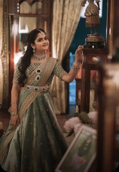 Pastel Green Lehenga, Puberty Function, Kids Saree, Girls Designer Dresses, Bridal Sarees South Indian