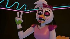 a cartoon character holding up two fingers in front of a neon sign that says no