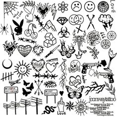 a bunch of different kinds of tattoos on a white background with the words love written in it