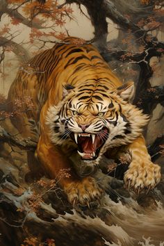 a painting of a tiger running through the woods with it's mouth wide open