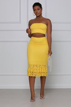 Melody Lace Bandeau 2 Piece Midi Skirt Set - Atlanta Shoe Studio 2 Piece Outfit Set Skirts, 2 Piece Outfit Set, Midi Skirt Set, Yellow Clothes, Mermaid Design, 2 Piece Skirt Set, Lace Bandeau, Lace Material, Yellow Lace