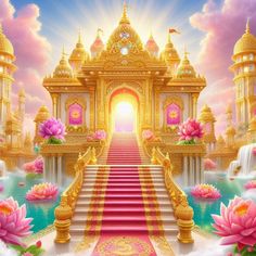 a painting of a stairway leading to a palace with pink flowers on the steps and water lilies