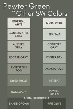 two different shades of gray and white with the words pewter green versus other sw colors