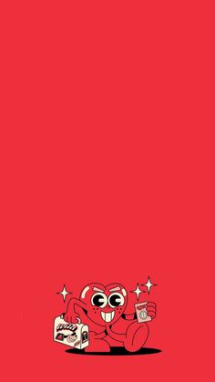 a red background with an image of a cartoon character holding a box and pointing at it